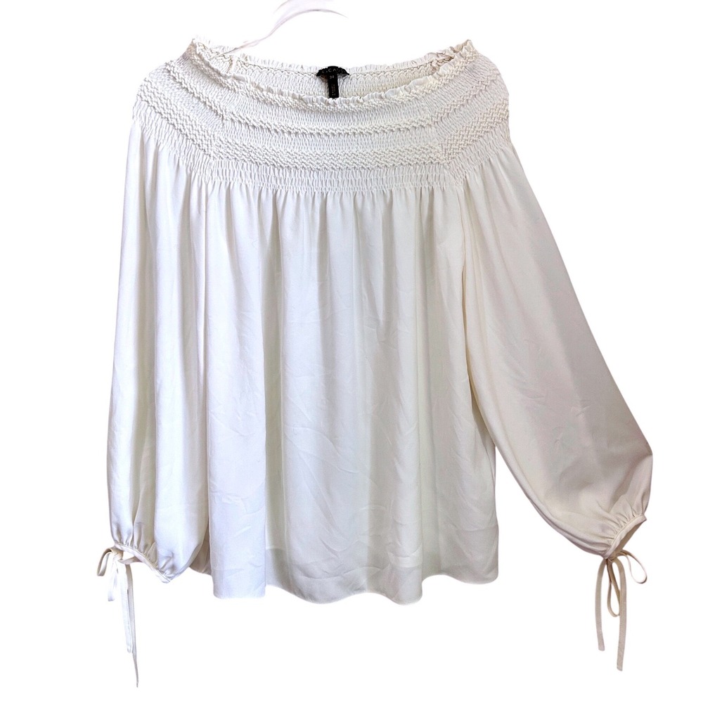 Escada Nulena Off White Smocked Shirt Tie Puffy Sleeve Size 34 Boho Princess
